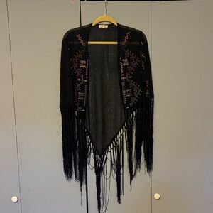 Black Fringe Kimono with Multicolor Embroidery